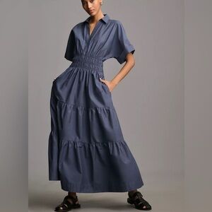 Anthropologie Somerset Navy Maxi Shirt Dress Smocked Waist Tiered Plus Size 2X